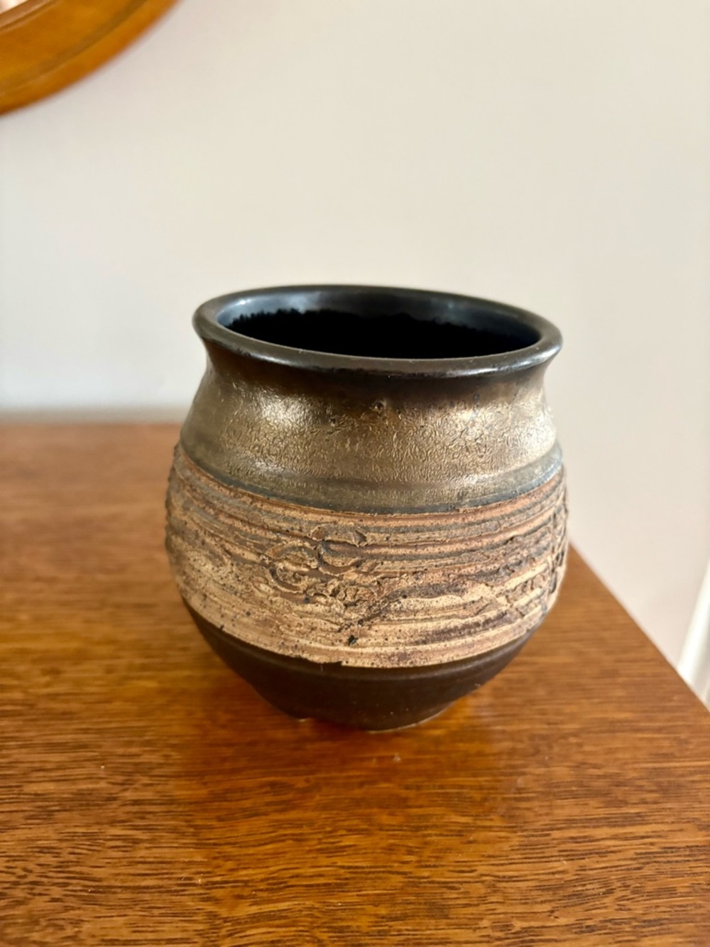 Signed Brown Textured Pottery Planter or Vase